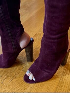 Women's Burgundy Suede Peep-Toe Thigh High Heels
